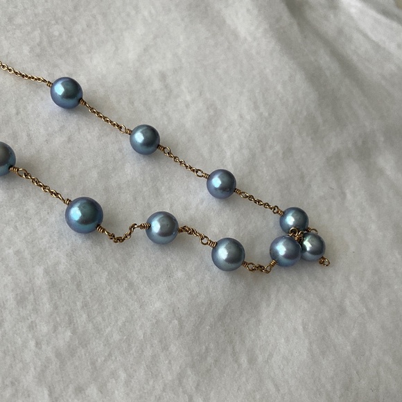 VINTAGE 14K Gold Blue Pearl Tin Cup Necklace - Picture 3 of 16